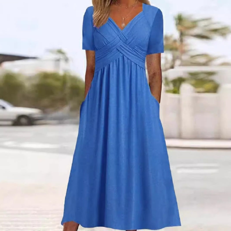 🌸מבצע חם 50% הנחה🌸שמלות ארוכות עם צווארון V ושרוולים קצרים לנשים – אלגנטיות ונוחות!