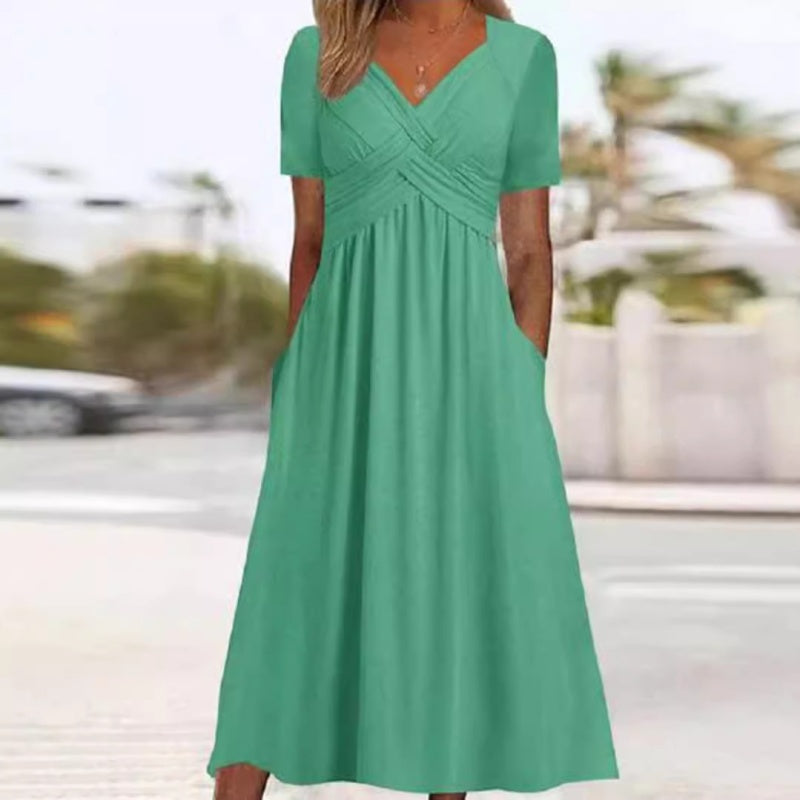 🌸מבצע חם 50% הנחה🌸שמלות ארוכות עם צווארון V ושרוולים קצרים לנשים – אלגנטיות ונוחות!