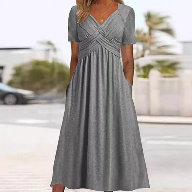 🌸מבצע חם 50% הנחה🌸שמלות ארוכות עם צווארון V ושרוולים קצרים לנשים – אלגנטיות ונוחות!