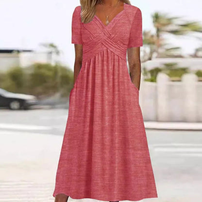 🌸מבצע חם 50% הנחה🌸שמלות ארוכות עם צווארון V ושרוולים קצרים לנשים – אלגנטיות ונוחות!