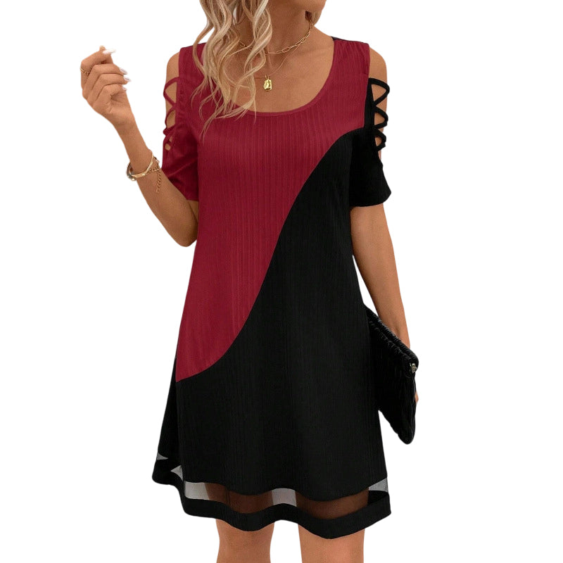 שמלת מידי לנשים בגוונים משולבים עם צווארון עגול ושולי רשת