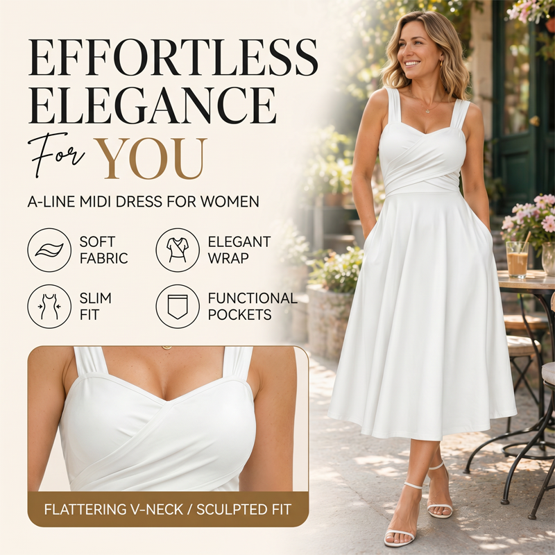 Women's Elegant V-Neck Dress with Pockets