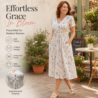 🌸 שמלה פרחונית עם צווארון וי ופיתול במותניים - אלגנטית וקז'ואלית לכל אירוע