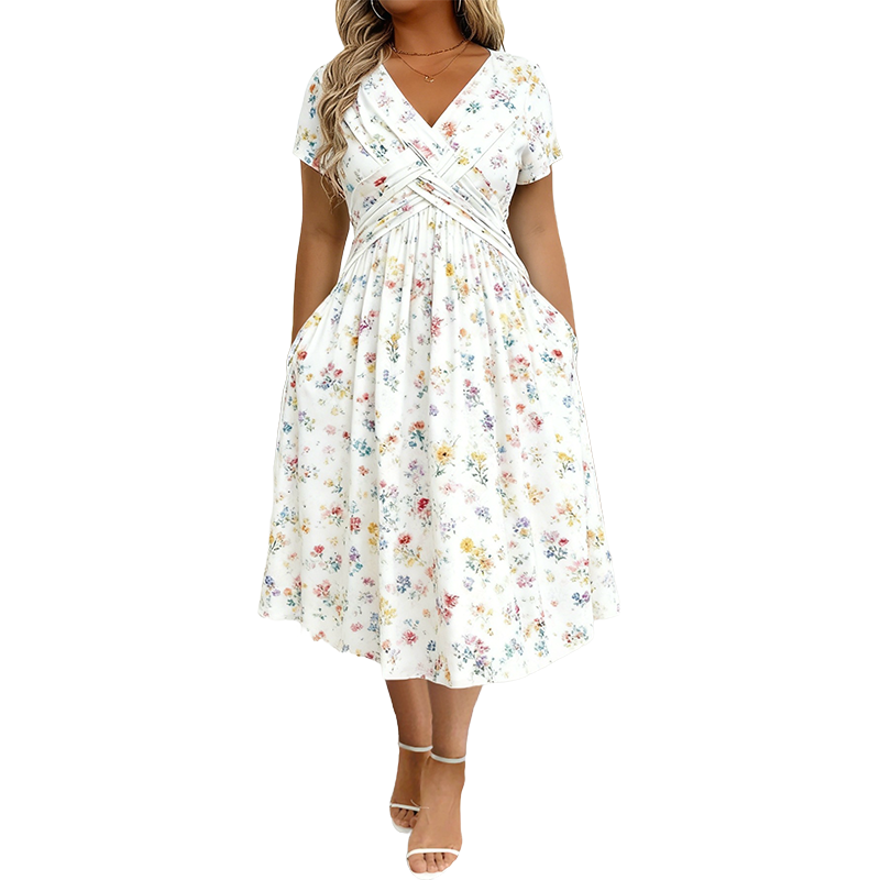 🌸 שמלה פרחונית עם צווארון וי ופיתול במותניים - אלגנטית וקז'ואלית לכל אירוע