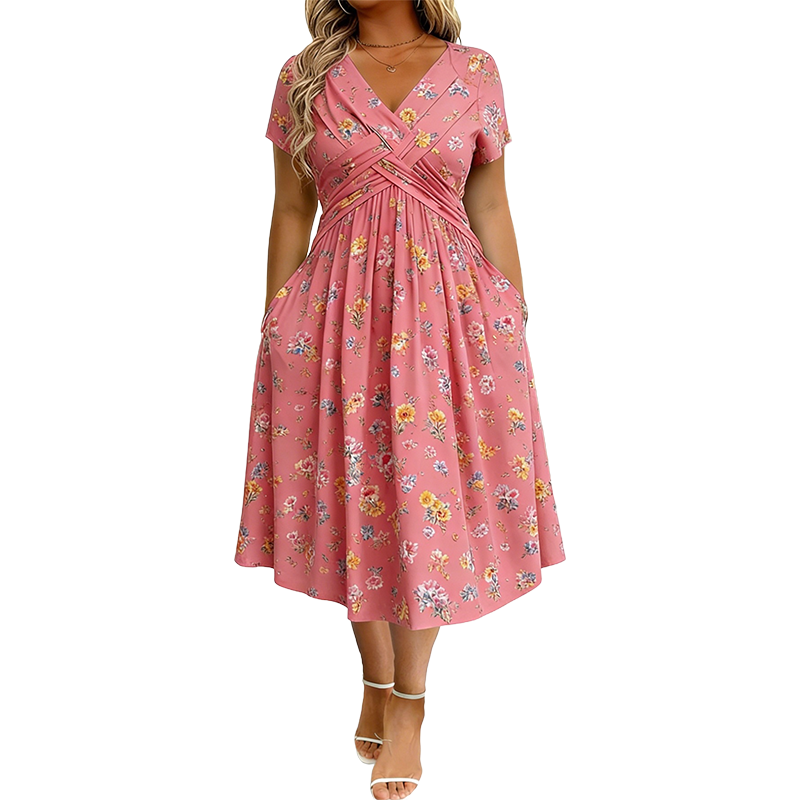 🌸 שמלה פרחונית עם צווארון וי ופיתול במותניים - אלגנטית וקז'ואלית לכל אירוע