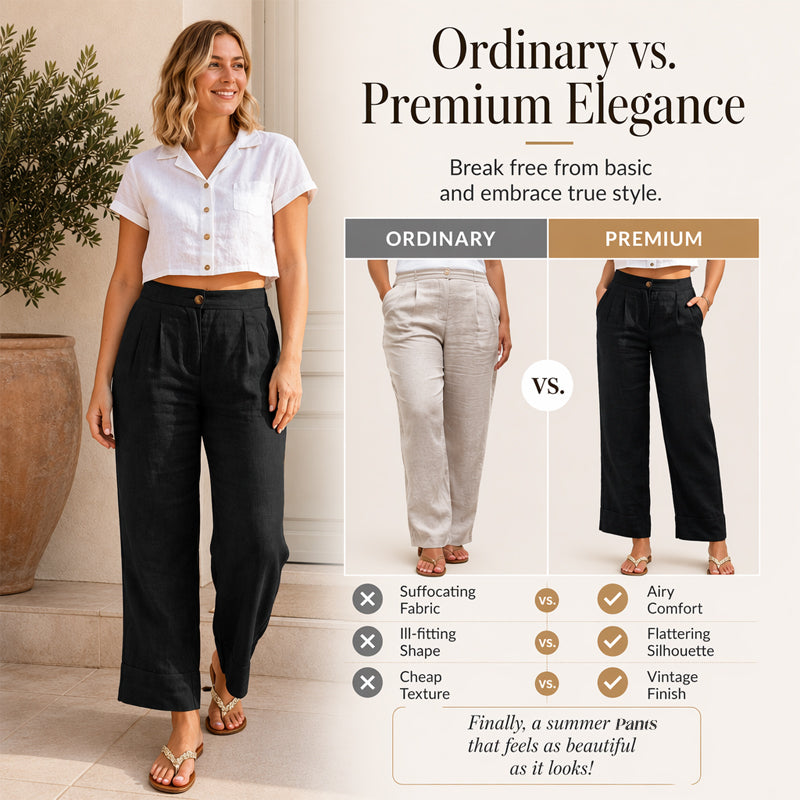 🔥👖מכנסיים לנשים בגזרה רפויה מבד תערובת פשתן – מכנסיים קלאסיים בגזרה ישרה