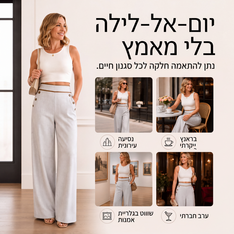 מכנסיים רחבים עם מותן גבוה לנשים עם גימור מנוגד בצבע
