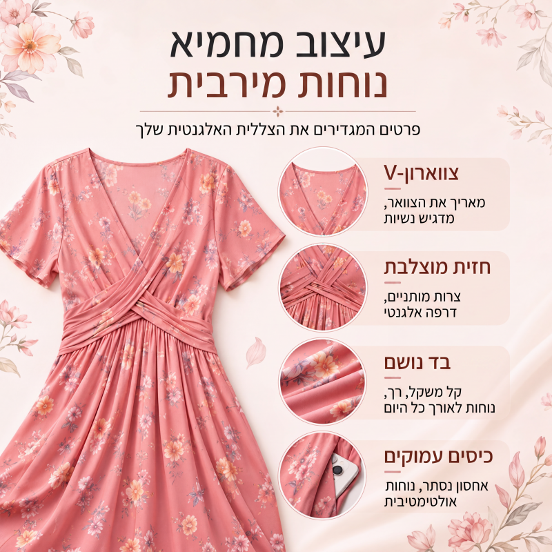 שמלה לנשים עם צוואר V, הדפס פרחים ופיתול במותניים