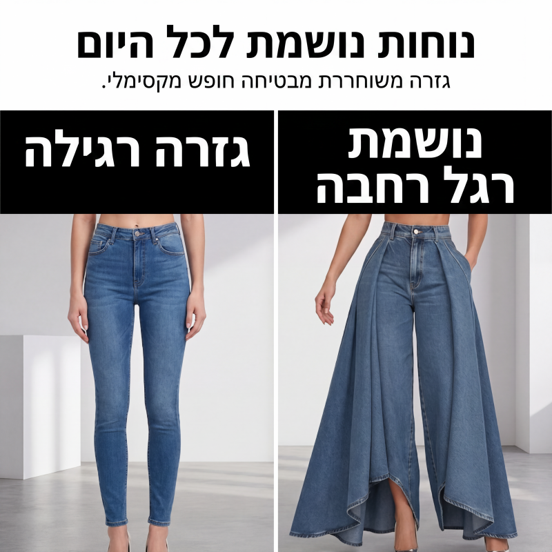 ג'ינסים לגברות עם גזרה גבוהה, רגליים רחבות ושוליים גבוהים-נמוכים