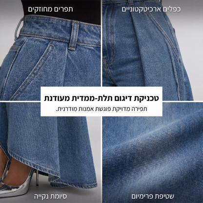 ג'ינסים לגברות עם גזרה גבוהה, רגליים רחבות ושוליים גבוהים-נמוכים