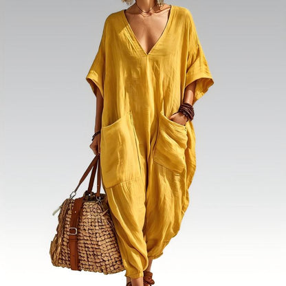 חליפת סרבל נשית רפויה עם צווארון V לקיץ