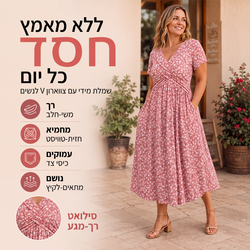 שמלה נשית אלגנטית עם צווארון V ודפוס פרחים