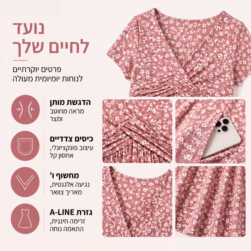 שמלה נשית אלגנטית עם צווארון V ודפוס פרחים