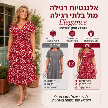 שמלה נשית אלגנטית עם צווארון V ודפוס פרחים
