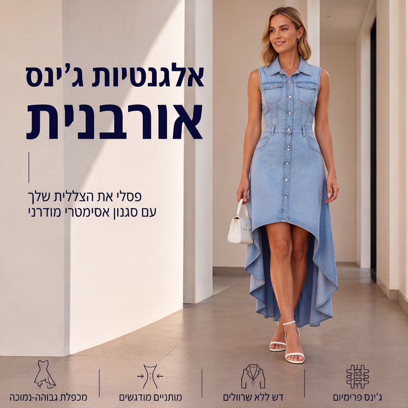 שמלת ג'ינס נשית ללא שרוולים עם שוליים א-סימטריים