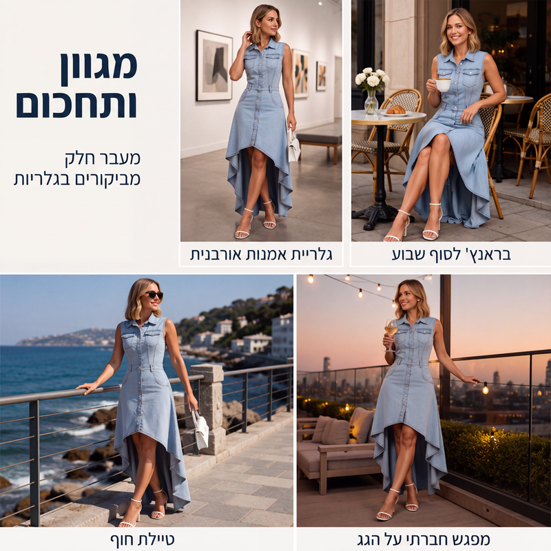 שמלת ג'ינס נשית ללא שרוולים עם שוליים א-סימטריים