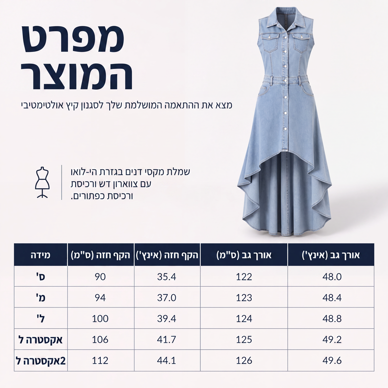 שמלת ג'ינס נשית ללא שרוולים עם שוליים א-סימטריים