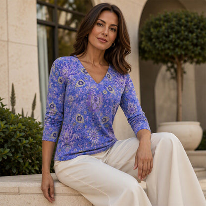 🌸 50% הנחה עכשיו! חולצת נשים אלגנטית עם הדפס פרחוני וצווארון V