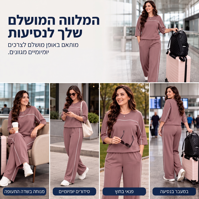 סט טופ קצר שרוול ומכנסיים קז'ואל לנשים